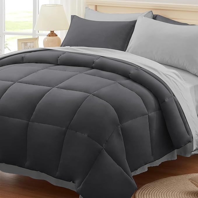 Anluoer Queen Comforter Set 7 Piece, Grey Bed in a Bag with Sheets, Comforters Queen Size Bedding Sets with 1 Comforter, 2 Pillow Shams, 2 Pillowcases, 1 Flat Sheet,1 Fitted Sheet