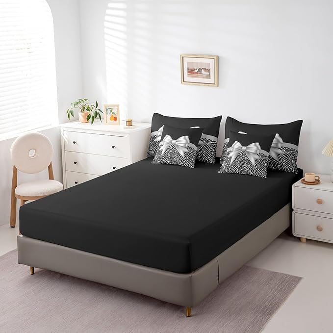 Feelyou Silver Bowknot 7 Piece Bedding Set Full Size Glitter Print Comforter Set with Sheets for Kids Girls Adult Cute Bowknot Bed in a Bag Black Silver Bed Set