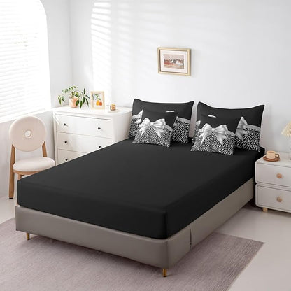Feelyou Silver Bowknot 7 Piece Bedding Set King Size Glitter Print Comforter Set with Sheets for Kids Girls Adult Cute Bowknot Bed in a Bag Black Silver Bed Set