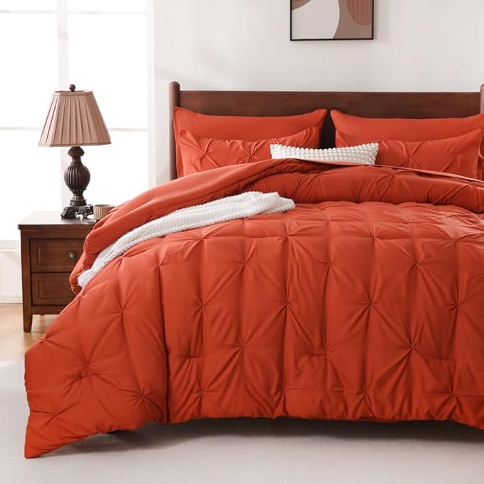 Sheet&Joy King Size Comforter Set, 7-Piece Bed in a Bag, Pintuck Bedding Set for All Season, Includes Comforter, Flat Sheet, Fitted Sheet, Pillowcases and Pillowshams, Orange