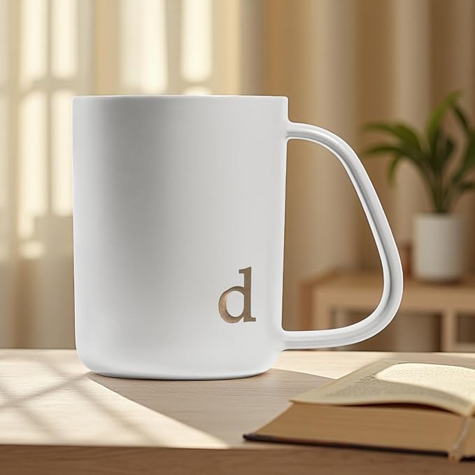 COLLECTIVE HOME - Ergonomic Handle Ceramic Mug, 15 oz Personalized Coffee Cup with Golden Initial, Microwave & Dishwasher Safe, Elegant Monogram Tea Mug in Gift Box for Home & Office (White-d)