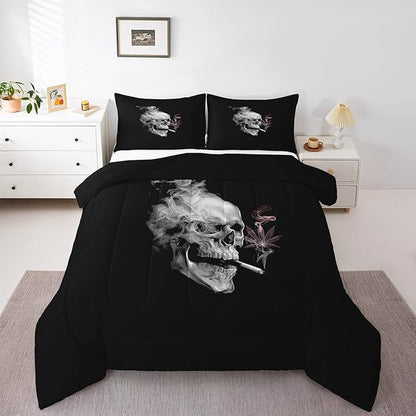 Erosebridal Gothic Skull Bedding King,Pink Leaves Comforter Set for Kids Boys Girls,Smoky Skeleton Down Comforter, Plant Tropical Botanical Bedding Comforter Sets,All Season