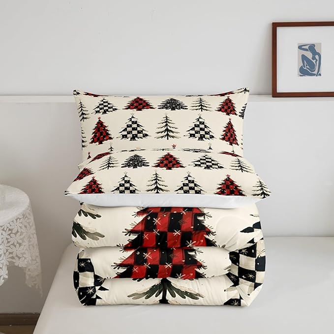 Christmas Tree Comforter Set Queen Size,Red White Black Grid Patchwork Bedding Set,Snowflake Xmas Tree Quilt Set for Kids Girls Boys Teens Room Decor,Rustic Beige Duvet Insert,2 Pillowcases