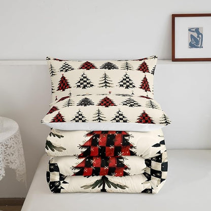 Christmas Tree Bedding Set Full Size,Red White Black Grid Patchwork Comforter Set,Snowflake Xmas Tree Quilt Set for Kids Girls Boys Teens Room Decor,Rustic Beige Duvet Insert,2 Pillowcases
