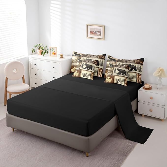 Erosebridal Hunting Bear Deer Bedding Set (Full Size,7 Pieces) | Rustic Cabin Lodge Comforter Set with Sheets Country Patchwork Plaid Bed in A Bag Rural Maple Bear Paw Print Quilt Duvet Insert