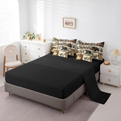Erosebridal Hunting Bear Deer Bedding Set (Full Size,7 Pieces) | Rustic Cabin Lodge Comforter Set with Sheets Country Patchwork Plaid Bed in A Bag Rural Maple Bear Paw Print Quilt Duvet Insert