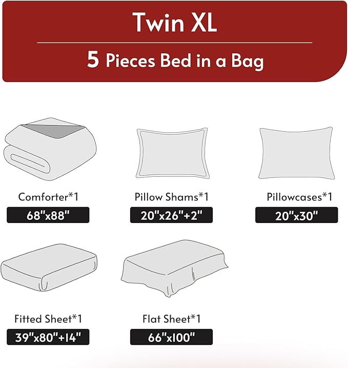 MUXHOMO 5 Pieces Twin XL Comforter Set, Reversible Bed in a Bag Twin XL Size, All Season Bedding Set with Comforter, Flat Sheet, Fitted Sheet, Pillowcases & Shams, Burgundy & Grey