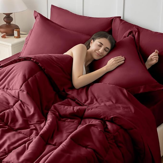 JOLLYVOGUE Twin Comforter Set, Ultra-Soft Bed in a Bag Twin Size 5 Pieces, Oeko-TEX Certified Bedding Set with Down Alternative Comforter, Sheets, Pillowcases & Shams, Burgundy