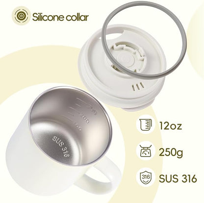 12oz Insulated Camping Coffee Mug with Lid & Handle, Double Wall Stainless Steel Vacuum Travel Coffee Cup, Reusable Tumbler for Home Office Camping - White