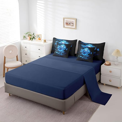 Erosebridal Black Blue Rose Twin Comforter Set with Sheets for Women Girls,Trippy Rose Flowers Bedding Set for Couples Bedroom Decor,Butterfly 7 Piece Bed in a Bag Valentines Day Wedding Gifts