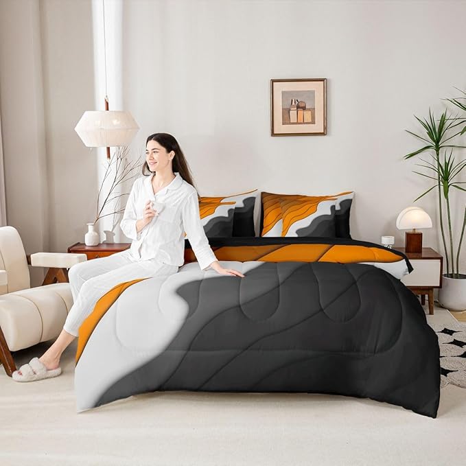 Erosebridal Orange Grey Black Ombre Bed in a Bag 7-Piece Kids Teens Adults Geometric Stripe Bedding Set, Aesthetic Wave King Size Comforter Set Modern Abstract Bedding Comforter Sets, Gradient Bed Set
