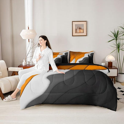 Erosebridal Orange Grey Black Ombre Bed in a Bag 7-Piece Kids Teens Adults Geometric Stripe Bedding Set, Aesthetic Wave King Size Comforter Set Modern Abstract Bedding Comforter Sets, Gradient Bed Set