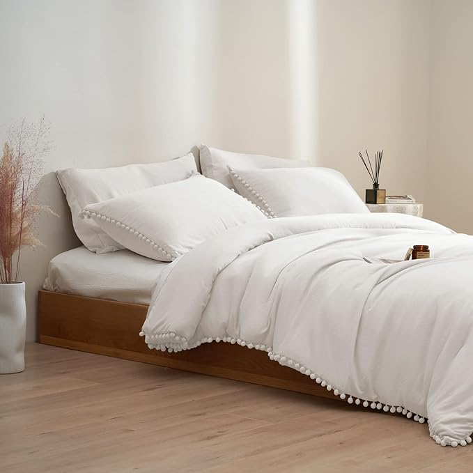 MUKKA Full Comforter Set 5-Piece Full Size White, Boho Pom Pom Fringe Comforter Sets Ivery, Soft Microfiber Bedding Comforter Set Beige with 2 Pillowcases,2 Pillowshams