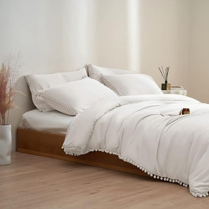 MUKKA Full Comforter Set 5-Piece Full Size White, Boho Pom Pom Fringe Comforter Sets Ivery, Soft Microfiber Bedding Comforter Set Beige with 2 Pillowcases,2 Pillowshams