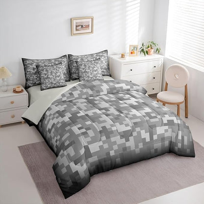 Castle Fairy Grey Pixel Grid 7 Piece Comforter & Sheet Sets Full Size,Miner Video Games Bedding Set Abstract Camouflage Bed in a Bag Grid Flat & Fitted Sheets,4 Pillow Covers