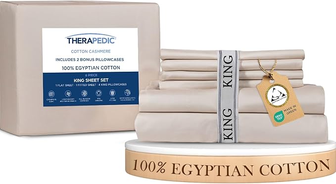 Therapedic 100% Egyptian Cotton King 6-Piece Sheet Set – Naturally Cooling & Breathable Sateen, Preshrunk Garment Wash, 16" Deep Pocket Fitted Sheet, Bonus Pillowcases, Soft & Durable - Fog
