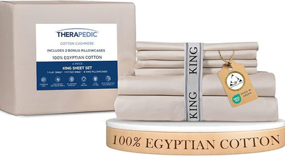 Therapedic 100% Egyptian Cotton King 6-Piece Sheet Set – Naturally Cooling & Breathable Sateen, Preshrunk Garment Wash, 16" Deep Pocket Fitted Sheet, Bonus Pillowcases, Soft & Durable - Fog