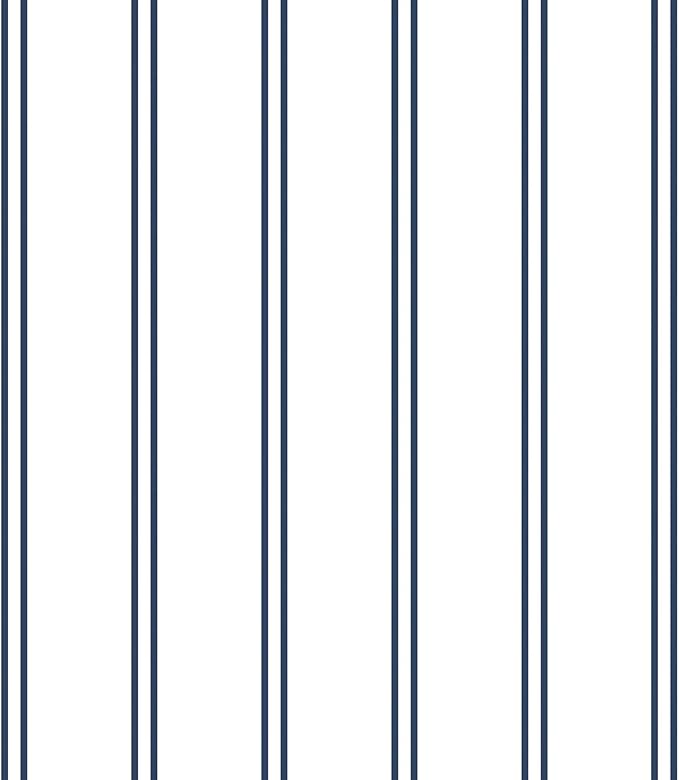 Wake In Cloud - Striped Comforter Set, Ticking Stripe Vertical Pinstripe Neutral Farmhouse Pattern Printed, Soft Lightweight Bedding, 3 Pieces, Navy White, Twin Size
