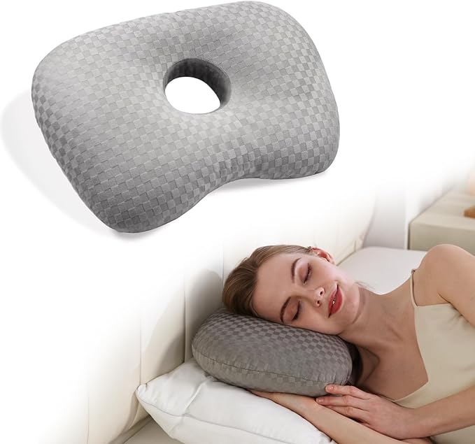 Ear Piercing Pillow with an Hole for CNH and Ear Pain Inflammation Pressure Sores for Side Sleepers, Cotton and Polyester Side Sleeper Pillow, Washable and Adjustable Ear Guard Pillow, Gray