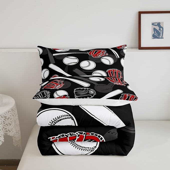 Erosebridal 3D Baseball Comforter Set Queen Sport Theme Bedding Set Men Young Ball Games Bedding Comforter Sets Black White Grey Down Comforter Lightweight Bedroom Decor with 2 Pillow Cases