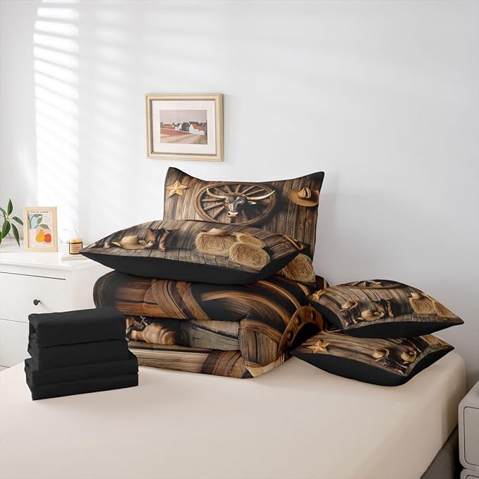 Erosebridal Bull Head 7 Piece Bedding Set Full Western Comforter Set with Sheets Cowboy Hat Boots Car Wheels Haystack Bed in a Bag Board Star Print Farmhouse for Teens Men Women