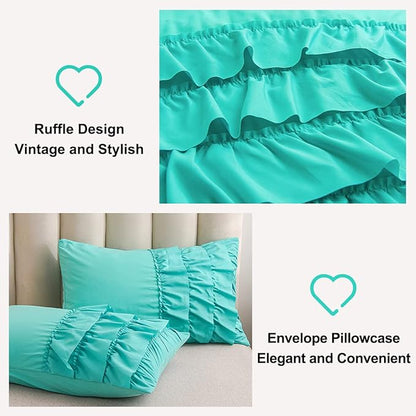 Holawakaka Aqua Waterfall Ruffle Comforter Set Full Size Multi-Layers Ruffled Shabby Chic 3PCS Bedding Set for Girls Women, Kids Teens Ruched Dorm Bed Set