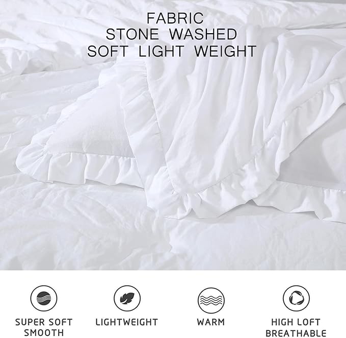 Chezmoi Collection Nora White Comforter Set Ovesized King 3-Piece Fluffy Soft Stone-Washed Ruffled Shabby Chic Bedding for All Season