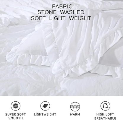 Chezmoi Collection Nora White Comforter Set Ovesized King 3-Piece Fluffy Soft Stone-Washed Ruffled Shabby Chic Bedding for All Season