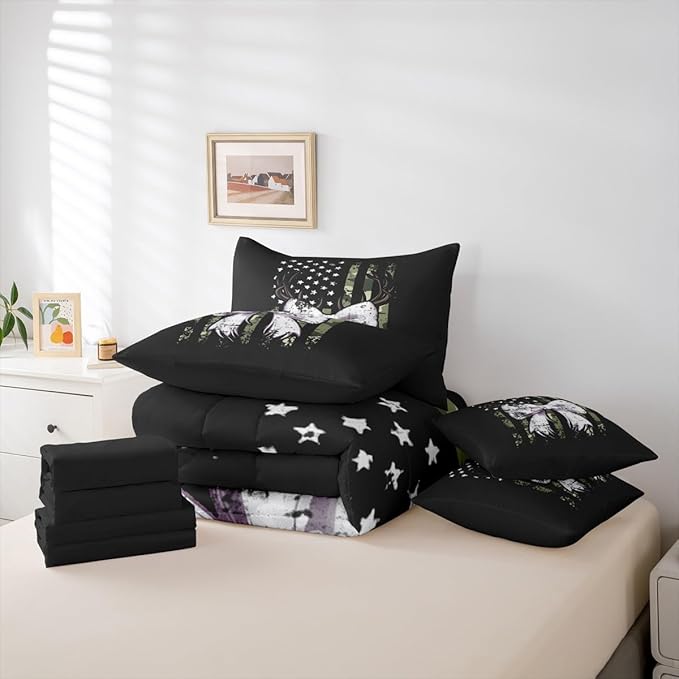 Erosebridal Deer King Comforter Set Elk Bowknot 7-Piece Bed in A Bag Bow Camouflage Antlers American Flag Sheets and Pillowcases Black White Bed Sets