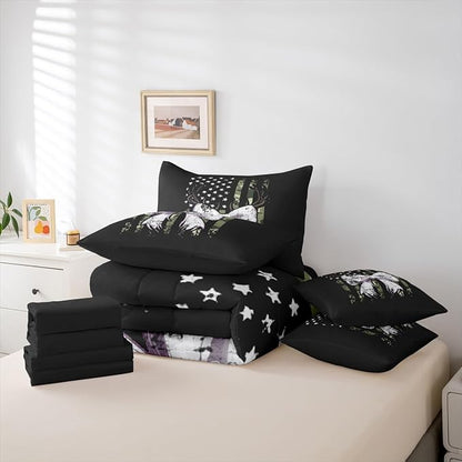 Erosebridal Deer King Comforter Set Elk Bowknot 7-Piece Bed in A Bag Bow Camouflage Antlers American Flag Sheets and Pillowcases Black White Bed Sets