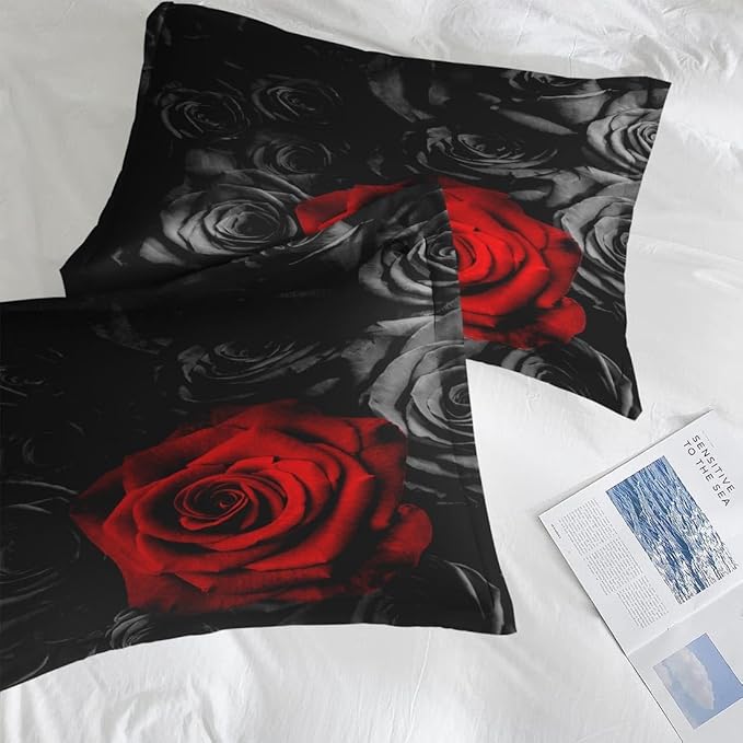 Comforter Set King Size, Red Rose Flower 7 Pcs Bedding for Kids and Adults, Summer Vintage Floral Bed Sheet Sets with Fitted Sheet 2 Pillowcases & 2 Shams for Bedroom Bed Decor