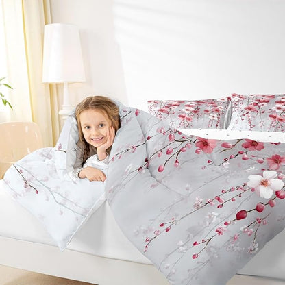 Manfei Spring Flower Comforter Set Toddler Size, Watercolor Cherry Blossom Bedding Set 2pcs, Japanese Style Pink White Floral Down Comforter, Kids Girls Women Room Decor, 1 Pillowcase, No Sheets