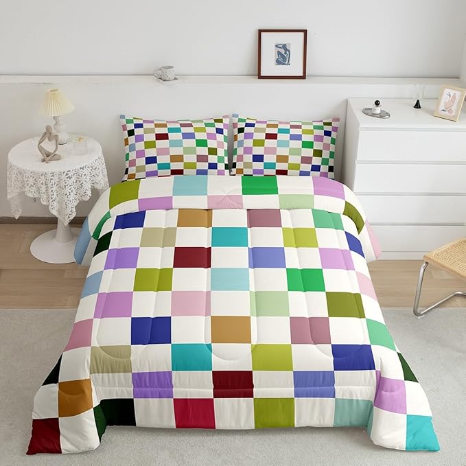 Feelyou Colorful Checkered Bedding Set Teen Women Men Retro Modern Geometric Colorful Comforter Set Toddler Size Kids Boys Girls Cute Neutral Plaid Duvet Insert Vintage Aesthetic Room Decor