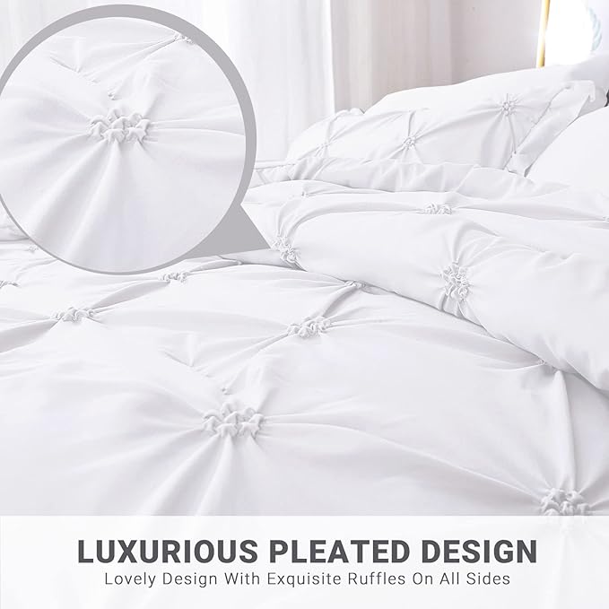 JOLLYVOGUE Queen Comforter Set 7 Pieces, White Bed in a Bag Comforter Set for Bedroom, Bedding Comforter Sets with Comforter, Sheets,Ruffled Shams & Pillowcases