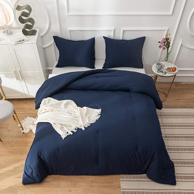 KAREVER Solid Navy Comforter Set Cal King Navy Blue Bedding Set Women Soft Bedding Quilt Men Breathable Durable Blanket