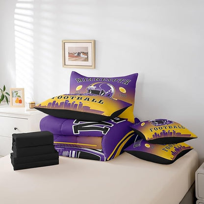Erosebridal Football Comforter Set with Sheets American Soccer City 7 Piece Bedding Set Sports Rugby Competitive Games Bed in A Bag King Size for Kids Boys Teen,Purple Yellow Bed Set