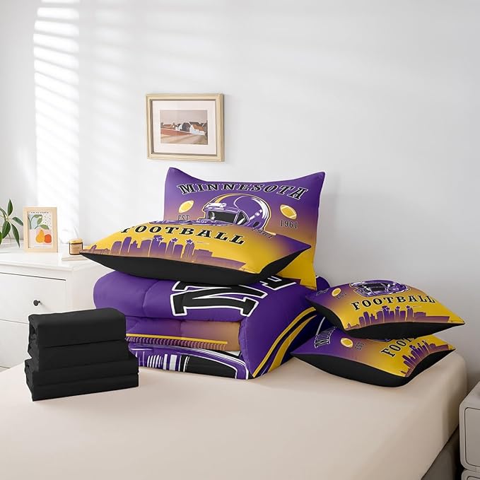 Erosebridal Football Comforter Set with Sheets American Soccer City 7 Piece Bedding Set Sports Rugby Competitive Games Bed in A Bag Full Size for Kids Boys Teen,Purple Yellow Bed Set