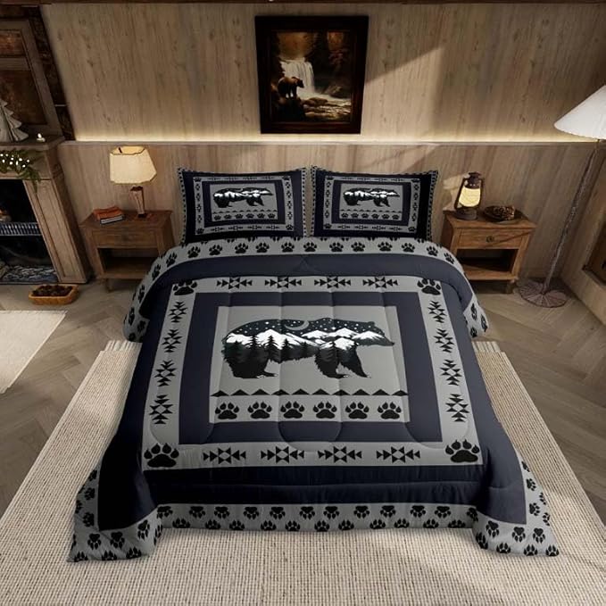 Feelyou Western Rustic Bear Comforter Set King Size, Moon Bear Quilt Set with 2 Pillowcases, Wild Animal Hunting Theme Bedding Set 3 Pcs Kids Boys Teens Room Decor, Rustic Cabin Country Duvet Insert