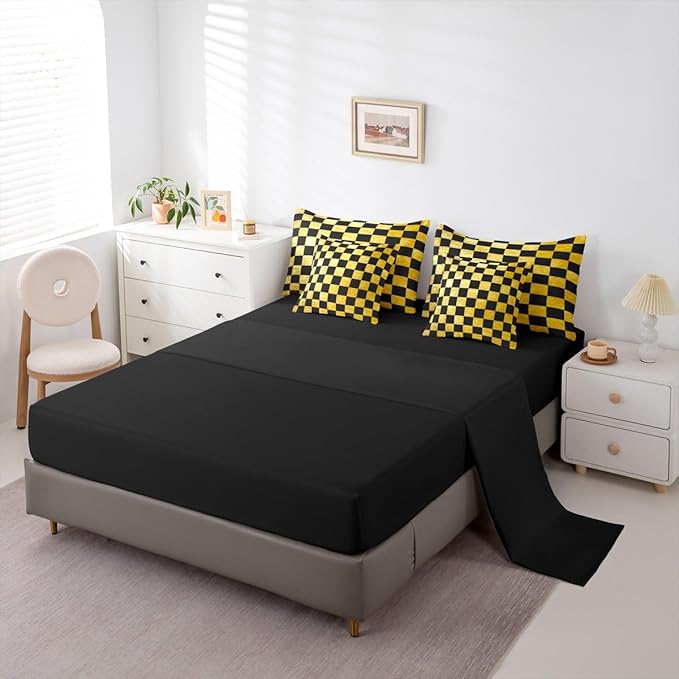 Checkered Retro Comforter Set with Sheets 7 Piece Full Size Golden Black Plaid Bed in a Bag Kids Boys Girls Geometric Vintage Bedding Set Modern Simple Groovy Aesthetic Bedroom Decor Breathable Soft