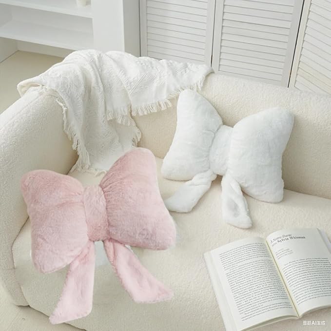 2 Pcs Coquette Bow Throw Pillows Cute Bowknot Plush Pillow Coquette Home Decor Stuffed Decorative Bow Lumbar Pillow for Girls Loft Bed Decor Accessories (Pink+White)