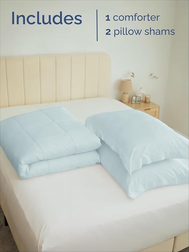 Queen Comforter Set - 3 Piece Bed Set for All Seasons - 1 Soft Quilted Comforter with Corner Tabs & 2 Pillow Shams - Comfy & Breathable - Premium Down Duvet Insert - Oeko-TEX - Queen Size, Ice Blue