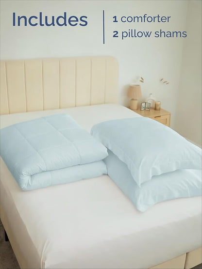 King Comforter Set - 3 Piece Bed Set for All Seasons - 1 Soft Quilted Comforter w/ Corner Tabs & 2 Pillow Shams - Comfy, Cozy & Breathable - Premium Down Duvet Insert - Oeko-TEX - King Size, Ice Blue