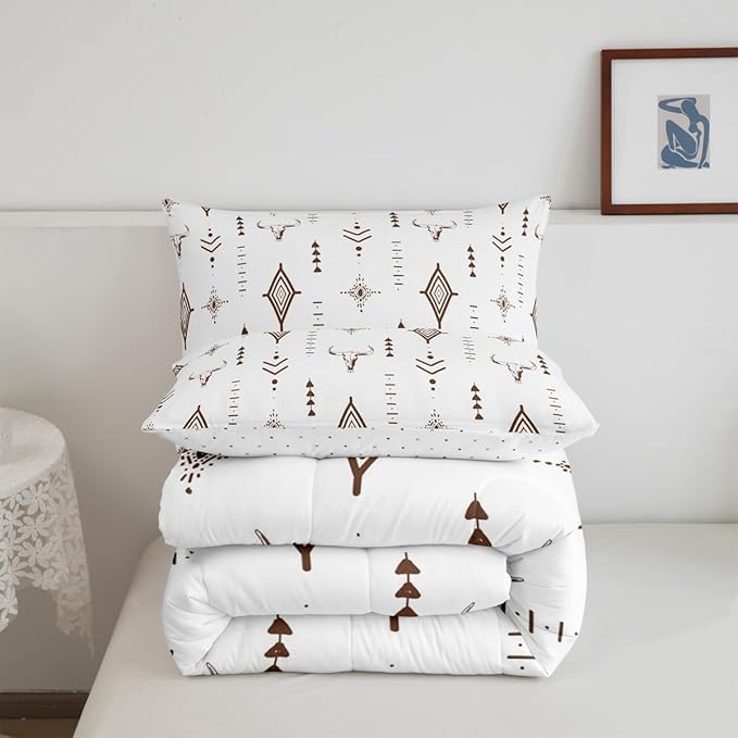 Feelyou Bull Skull Western Comforter Set Boho Ethnic Horns Bedding Set Full Size for Kids Adult Brown White Tribal Symbol Mysterious Aztec Comforter
