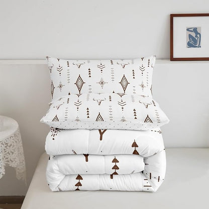 Feelyou Bull Skull Western Comforter Set Boho Ethnic Horns Bedding Set Queen Size for Kids Adult Brown White Tribal Symbol Mysterious Aztec Comforter