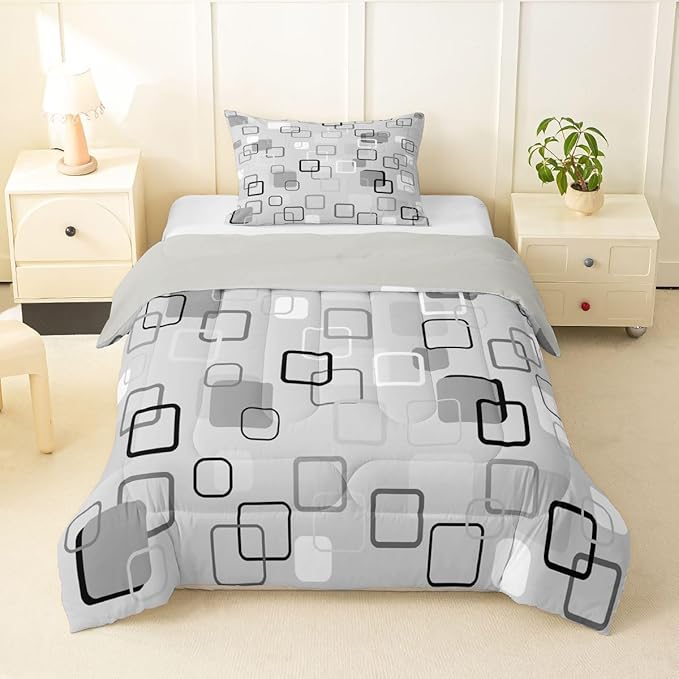 Erosebridal Gray Abstract Squares Bedding Set Twin Modern Aesthetic Geometric Comforter Set for Kids Girls Boys Minimalist Striped Down Comforter Boho Neutral Plaid Quilt Duvet