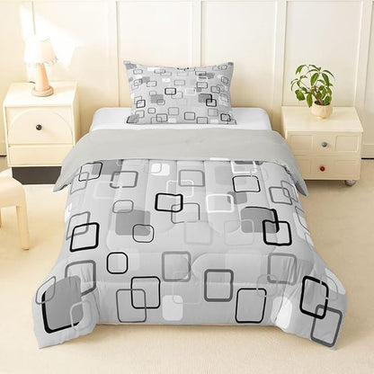 Erosebridal Gray Abstract Squares Bedding Set Twin Modern Aesthetic Geometric Comforter Set for Kids Girls Boys Minimalist Striped Down Comforter Boho Neutral Plaid Quilt Duvet