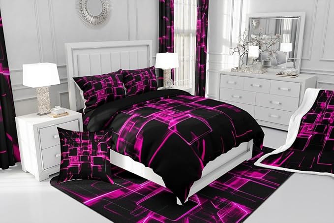 Erosebridal Girly Pink and Black Kids Comforter Set, Modern Abstract Geometric Square Bedding Sets for Boys Girls Gradient Neon Light Honeycomb Duvet Insert Twin with 1 Pillowcase