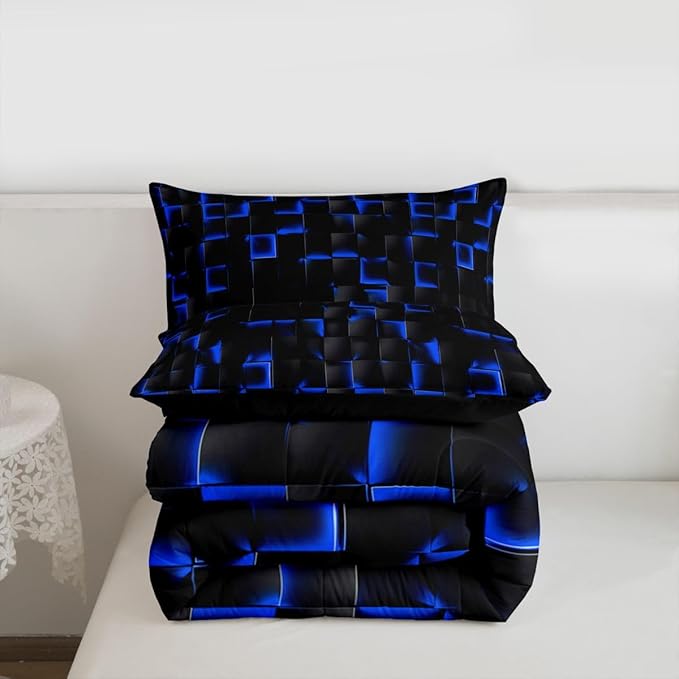 Erosebridal Neon Black Blue Boys Comforter Set Toddler Size Geometric Checkered Kids Bedding Set Teen Men Gaming Room Decor,Abstract Ombre Plaid Comforter Grids Quilt Duvet