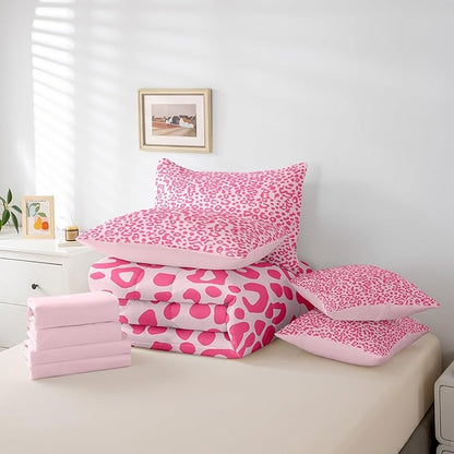 Feelyou Cute Leopard Bedding Set for All Season Cheetah 7 Pieces Comforter Sets King Size Teens Room Decor Pink Animal Print Bed in a Bag with Comforter, Sheets, Pillowcases & Cushion Cover