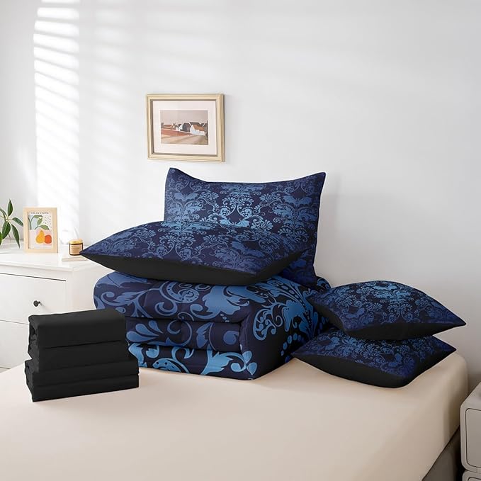 Erosebridal Gothic Damask 7 Piece Comforter Set Full Bed in a Bag,Halloween Bat Bedding Sets Blue Victorian Floral Goth Sheet Set with Comforter